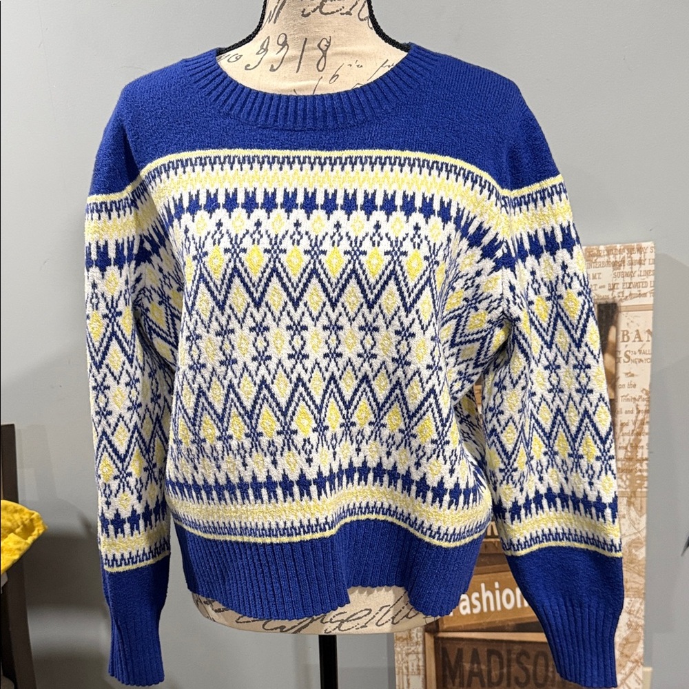LOFT Blue and Yellow Patterned Crew Neck Sweater